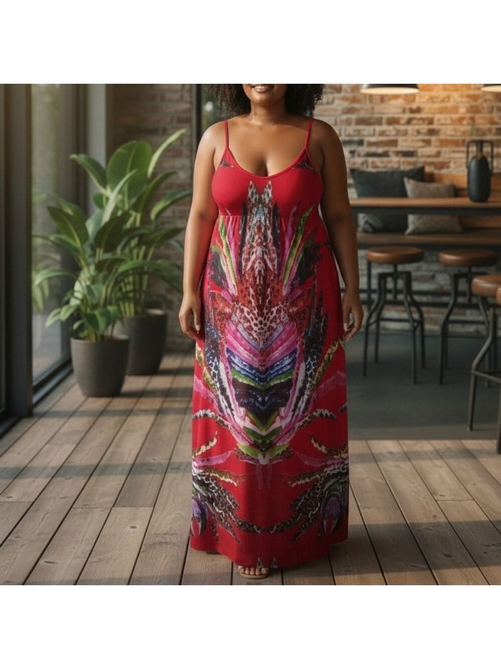 Celestino Red Patterned Flowy Maxi Dress M L